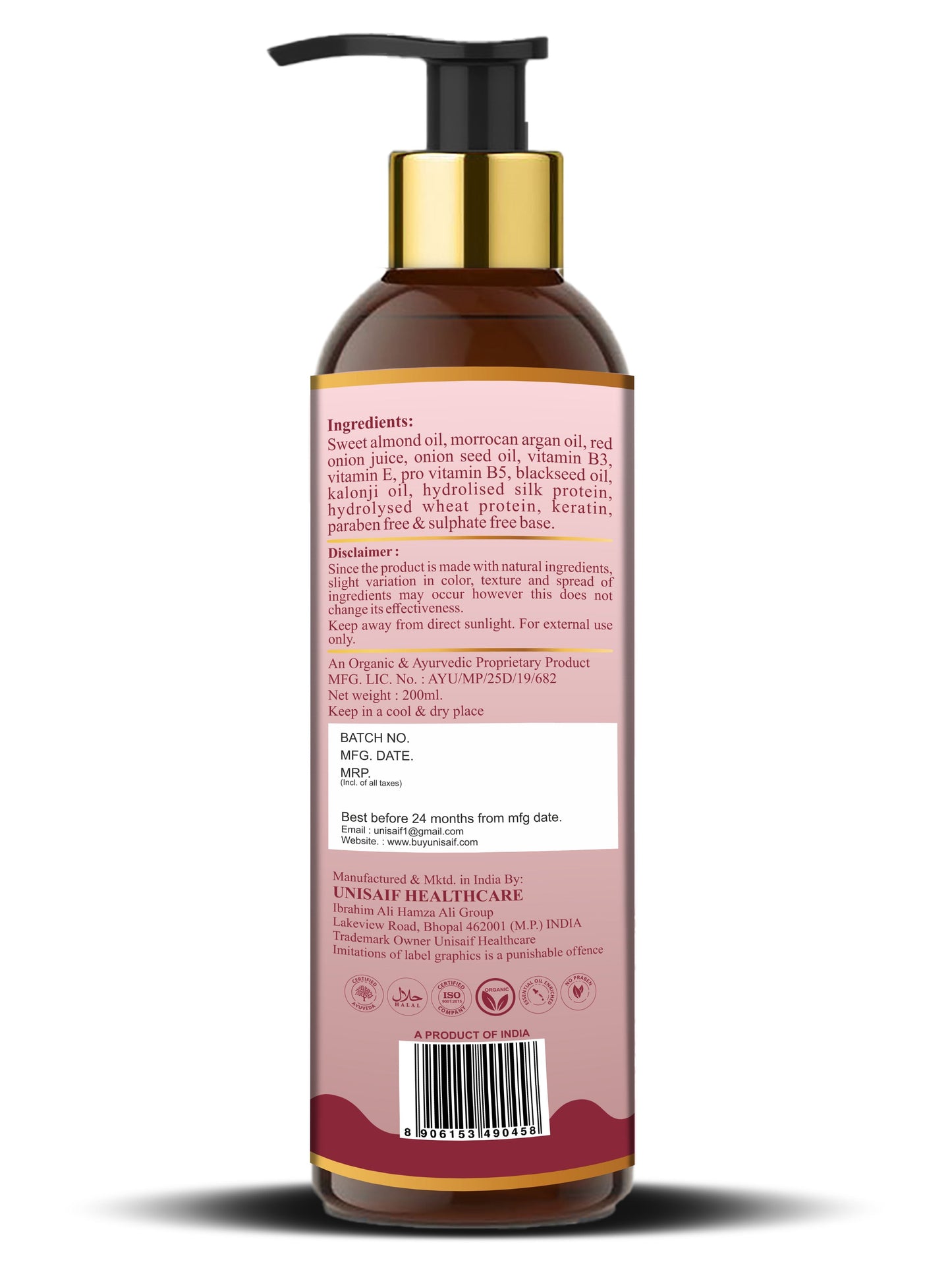 Argan Onion Organic Shampoo (200ml) For Extreme Hair Fall & Dandruff | Reduces Hair loss| Improves Shine| NO SULPHATE | NO PARABEN